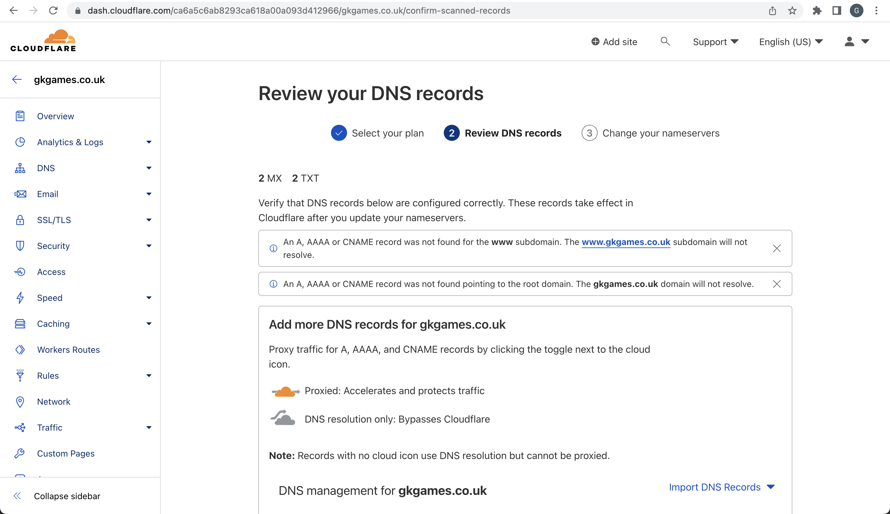 Screenshot showing the review your DNS records page on Cloudflare.